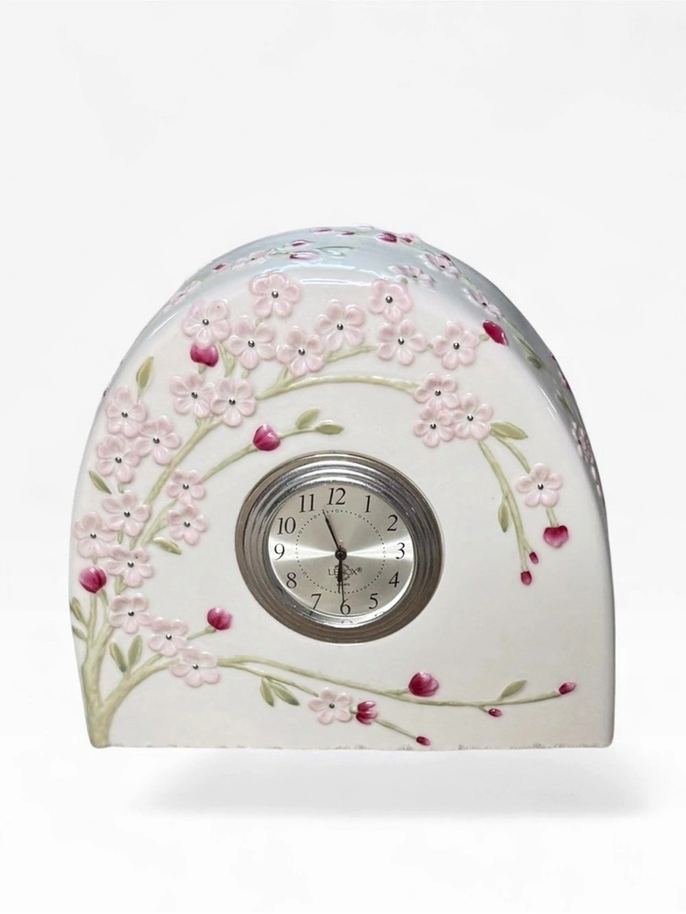 Lenox White Ceramic Mantel Clock with Pink Floral Accents